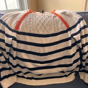 Talbots Cream & Navy Striped Cable-Knit Crewneck with Orange Trim